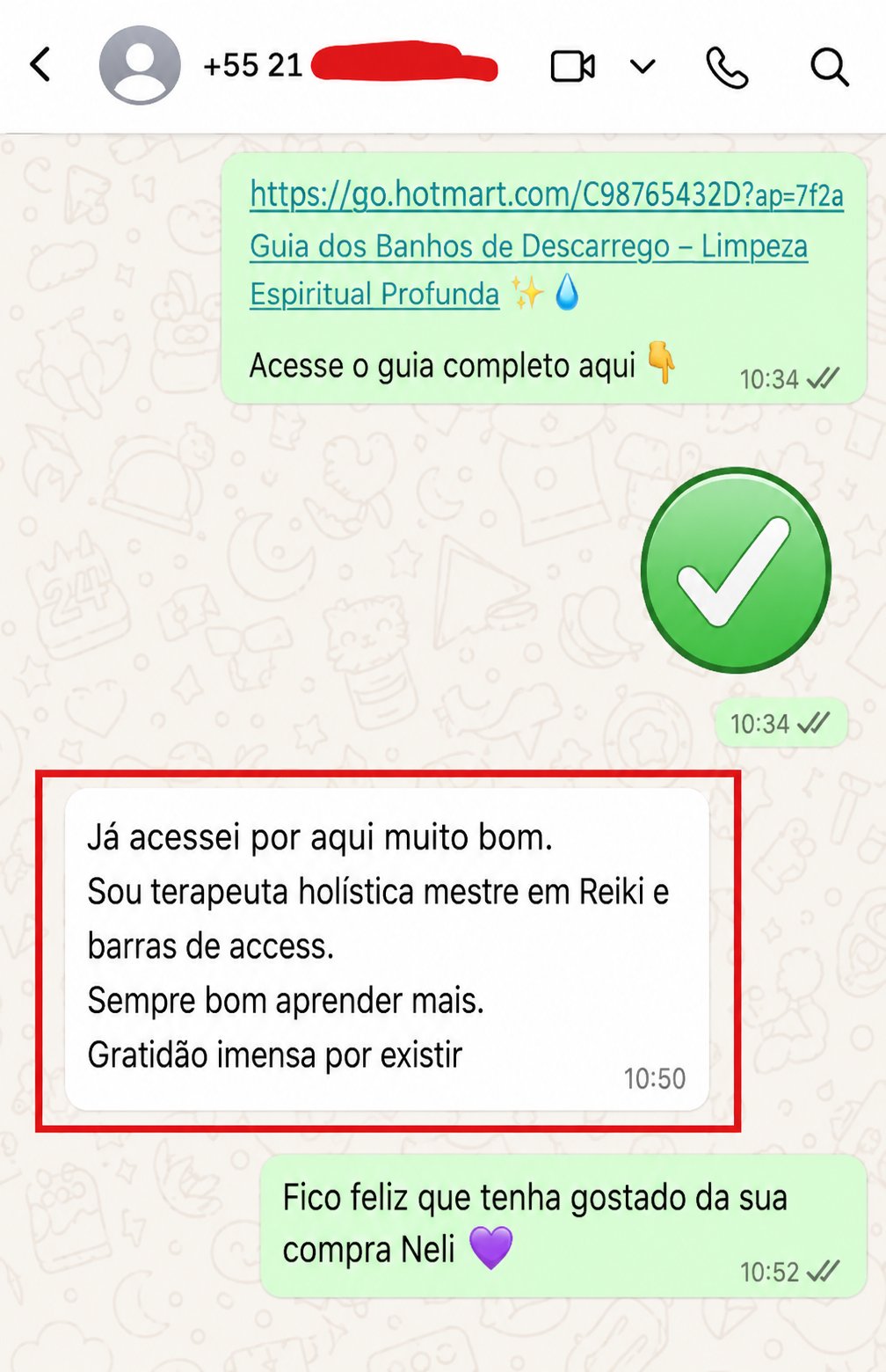 Depoimento de cliente 3 enviado por mensagem