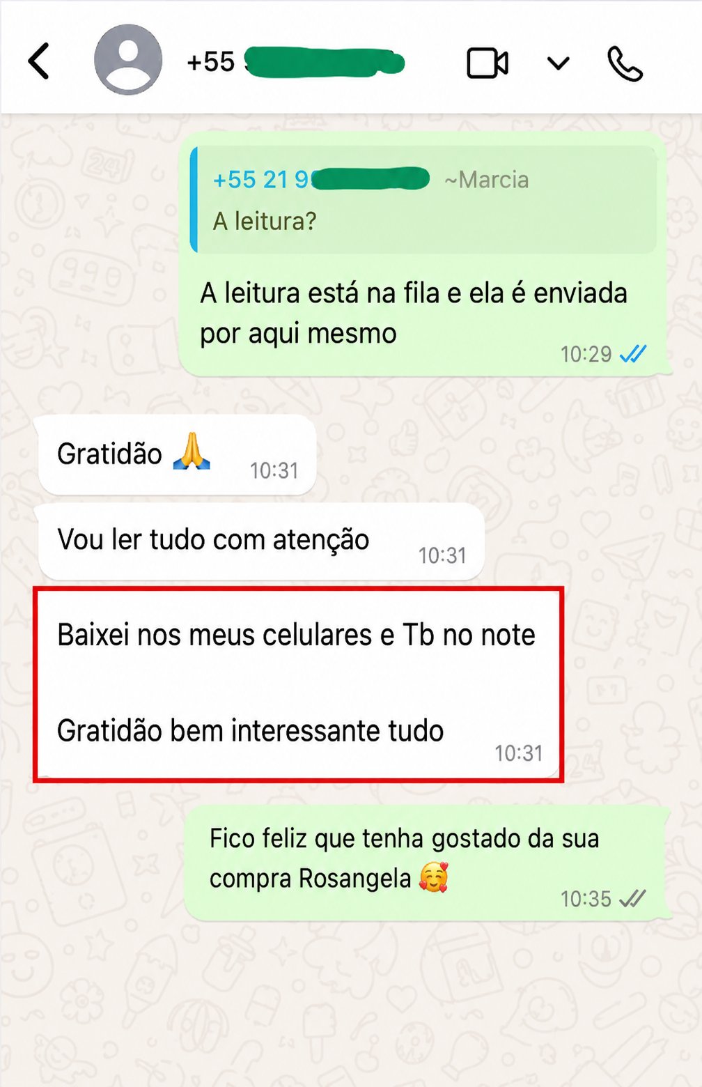 Depoimento de cliente 2 enviado por mensagem