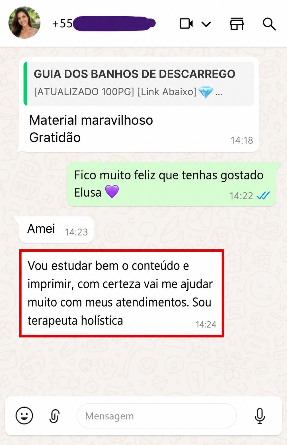 Depoimento de cliente 5 enviado por mensagem
