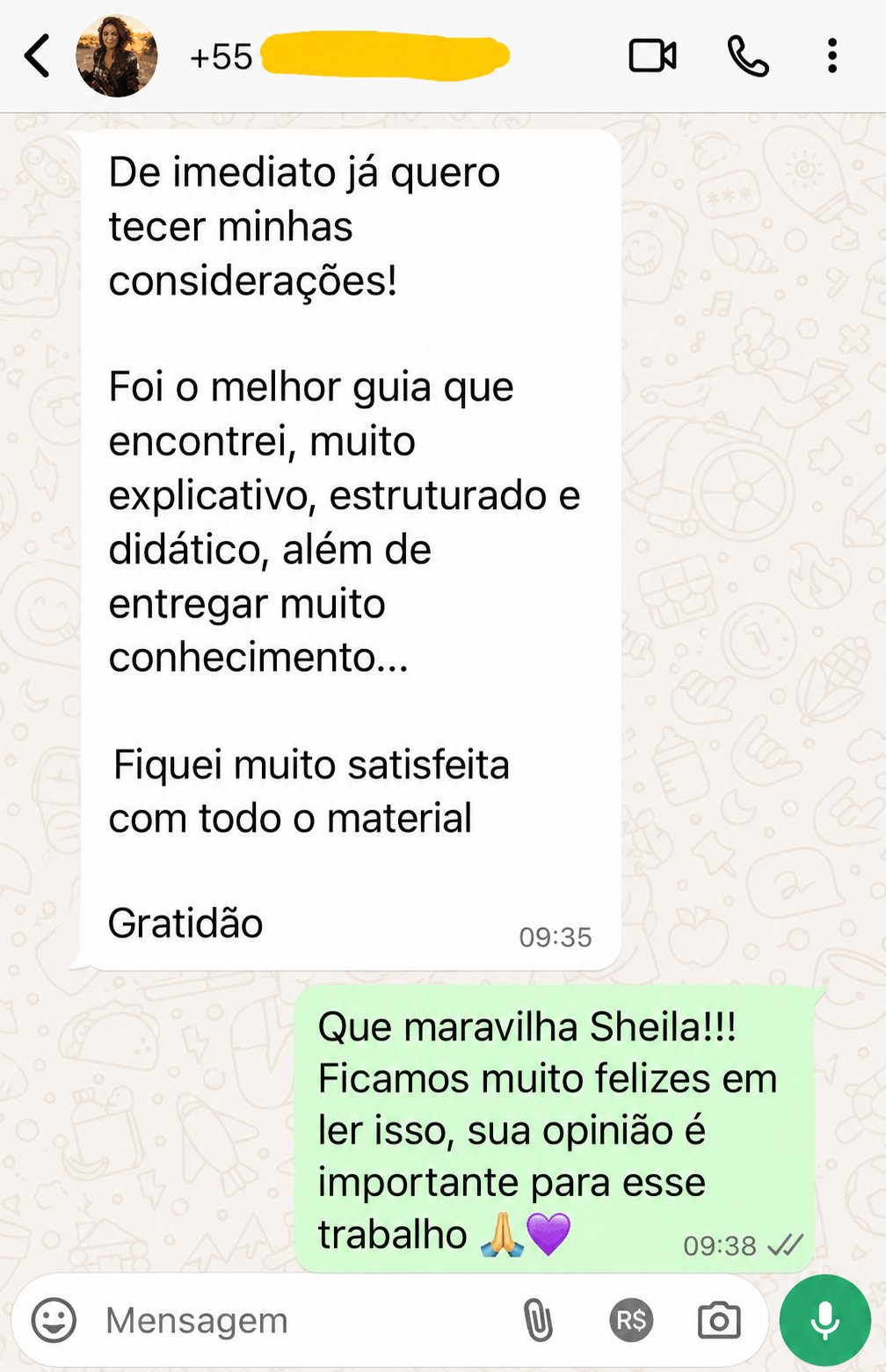 Depoimento de cliente 1 enviado por mensagem